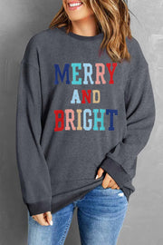 Dark Gray ribbed sweatshirt with "Merry and Bright" embroidered text in colorful letters.