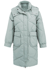 Sage diamond quilted hooded puffer coat with snap-flap pockets and a zip front.