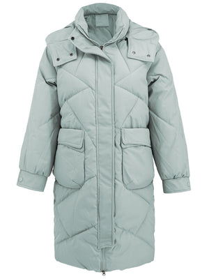 Sage diamond quilted hooded puffer coat with snap-flap pockets and a zip front.