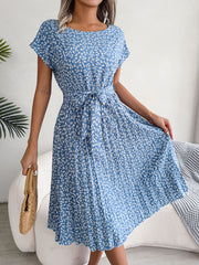 Sky blue floral print midi dress with tie waist and pleated skirt