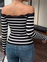 Lace Detail Off Shoulder T-shirt in Black, fabric detail