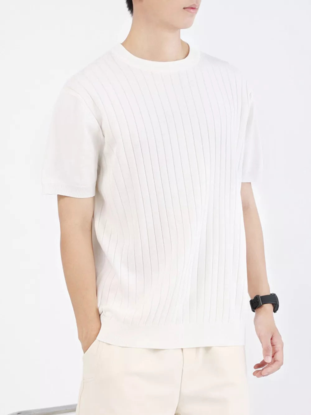 Men's white ribbed knit t-shirt with short sleeves and crew neck.