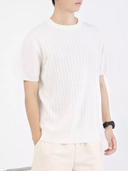 Men's white ribbed knit t-shirt with short sleeves and crew neck.