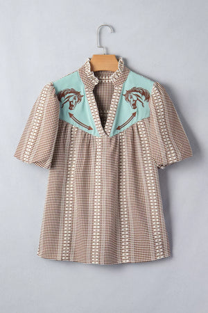 Brown gingham maternity shirt with embroidered horse yoke and puff sleeves.