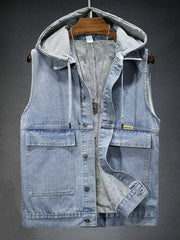 Light wash denim hooded vest with fleece lining and button-down front.
