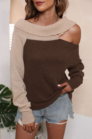 Asymmetric shoulder sweater in mocha and tan acrylic with boat neck and long sleeves.