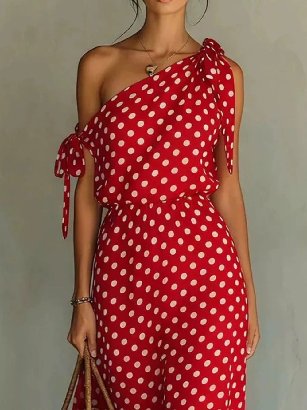 Red polka dot one-shoulder maxi dress with cinched waist and tie details.