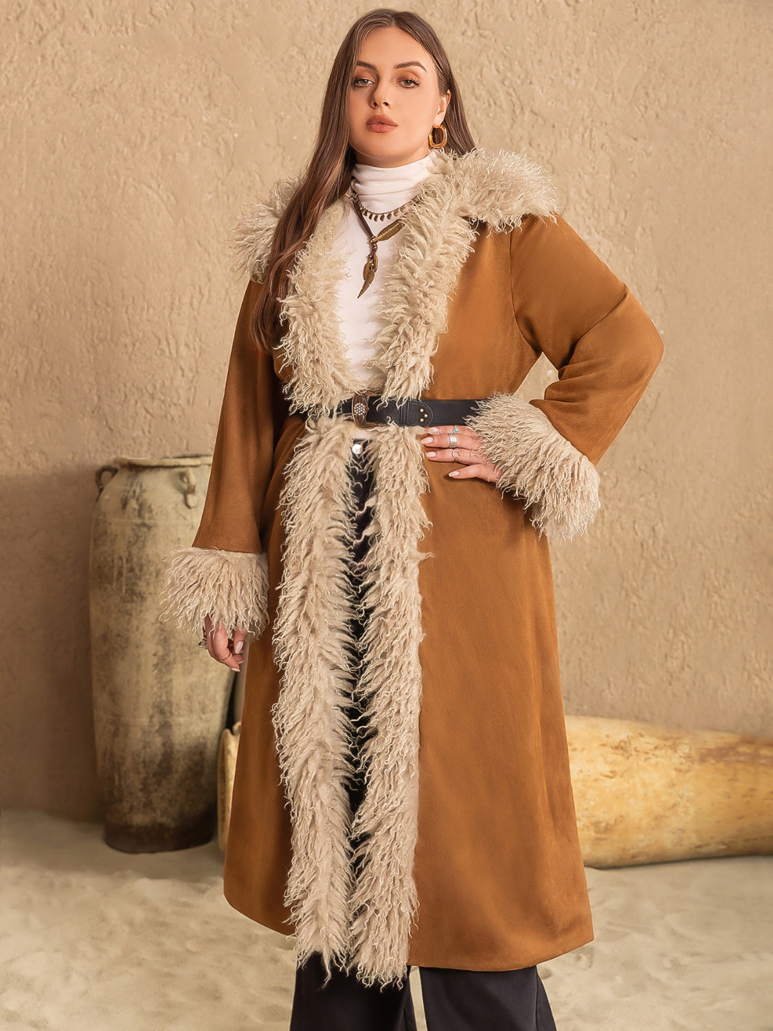 Caramel duster coat with faux fur trim on collar, placket, and cuffs.