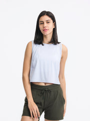 Light Blue mesh-inset back cropped active tank top with crew neck and sleeveless design.