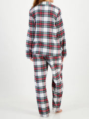 Crimson plaid pajama set with long sleeves and pants in 100% polyester.