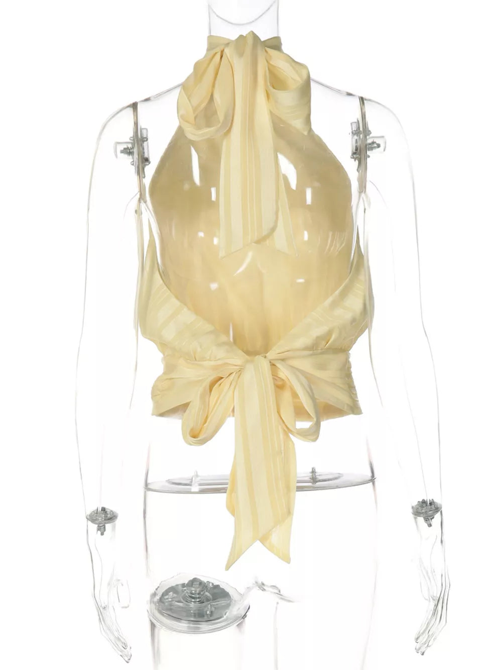 Yellow striped ruched halter cami top with tie back detail
