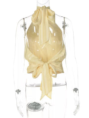 Yellow striped ruched halter cami top with tie back detail