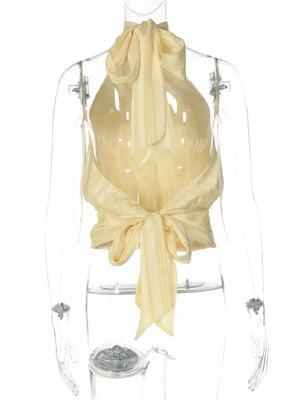 Yellow striped ruched halter cami top with tie back detail