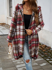 Draped plaid cocoon hoodie jacket in red, white, and brown with a zip front and hood.