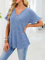 Dusty Blue ribbed knit short sleeve t-shirt with decorative buttons and curved hem.