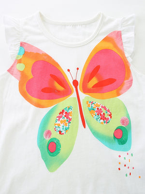 White cotton t-shirt with colorful butterfly graphic and ruffle sleeves.