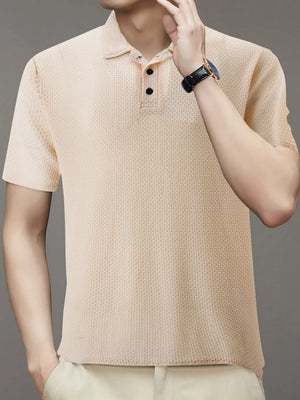 Khaki textured knit polo shirt with short sleeves and a two-button placket.