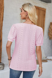Blush pink perforated puff sleeve henley top with eyelet detail