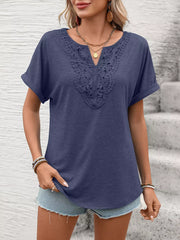 Navy blue relaxed fit t-shirt with lace trim neckline and cuffed short sleeves