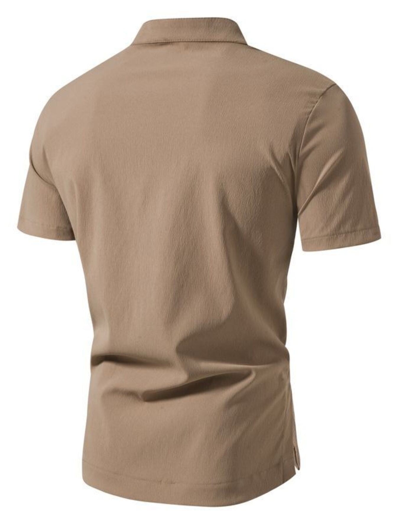 Khaki cotton short sleeve shirt with band collar and button detail.