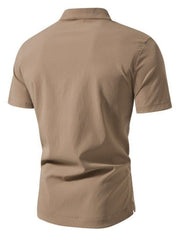Khaki cotton short sleeve shirt with band collar and button detail.