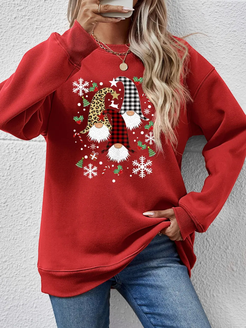 Red raglan sweatshirt with festive gnome graphic and snowflakes