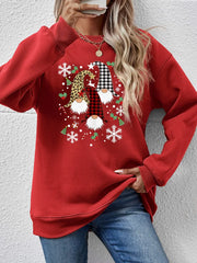 Red raglan sweatshirt with festive gnome graphic and snowflakes