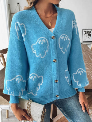 Cerulean ghost motif balloon sleeve cardigan with button front and V-neck.