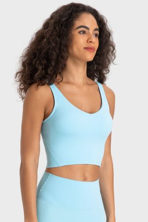 Sculpted Scoop Neck Crop Top in light blue with a seamless fit.