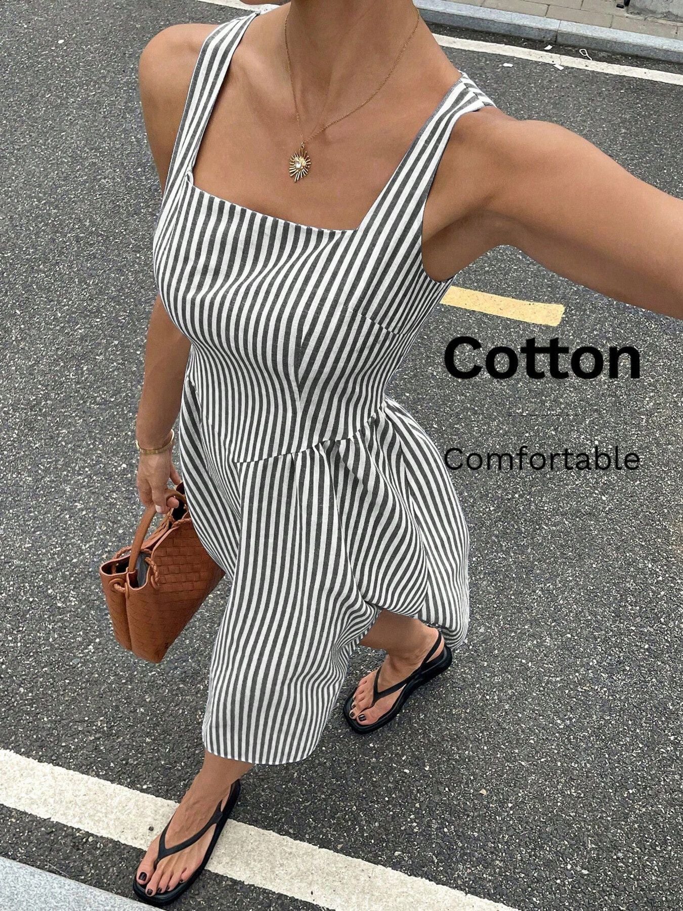 Striped square neck midi dress in black cotton blend with a-line cut.