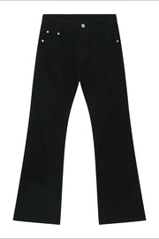 Flared leg black denim jeans with a high waist and classic five-pocket styling.