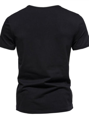 Black cotton slim fit tee with notched V-neck