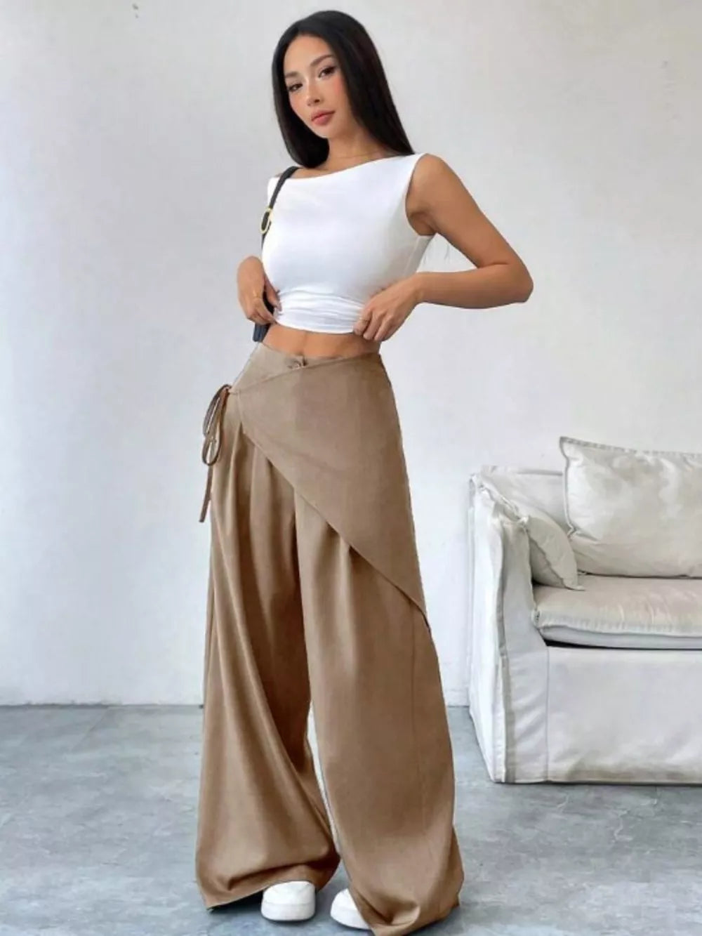Chic high-waisted wide-leg maternity pants in Khaki with a wrap detail and tie closure.