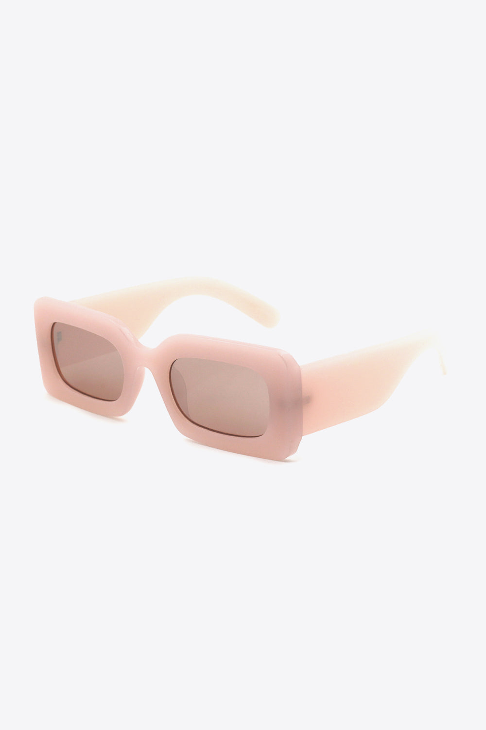Lavender acetate rectangle sunglasses with light pink frames and brown lenses.