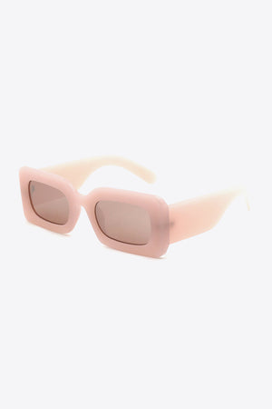 Lavender acetate rectangle sunglasses with light pink frames and brown lenses.
