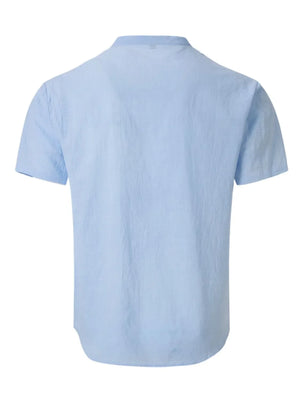 Light blue linen henley polo shirt with short sleeves and a band collar.