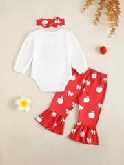 Baby ribbed white long sleeve bodysuit with red apple and bow print bell bottom pants and headband.