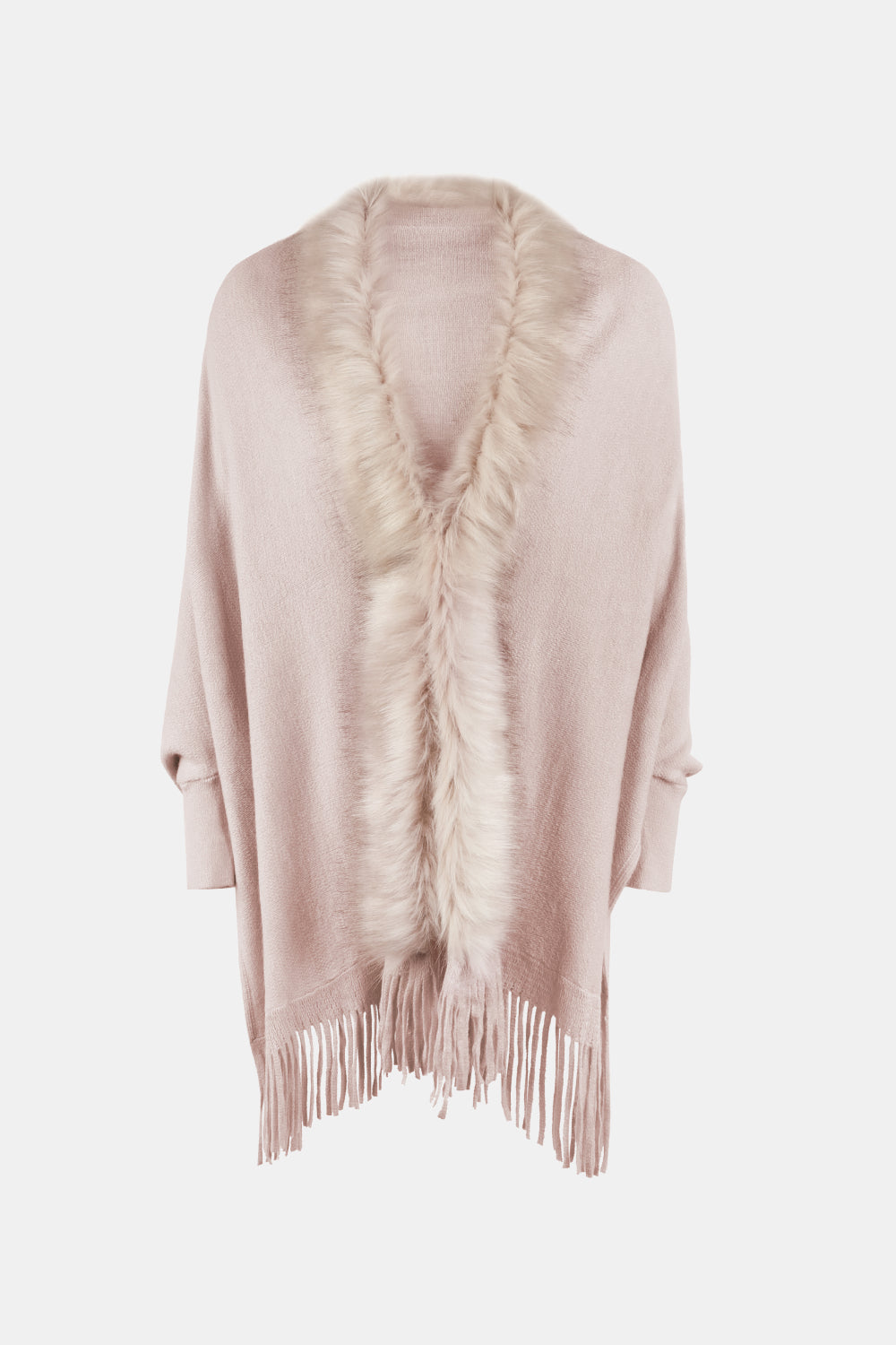 Blush pink faux fur trimmed fringe cape with wide sleeves.