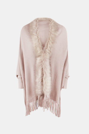 Blush pink faux fur trimmed fringe cape with wide sleeves.