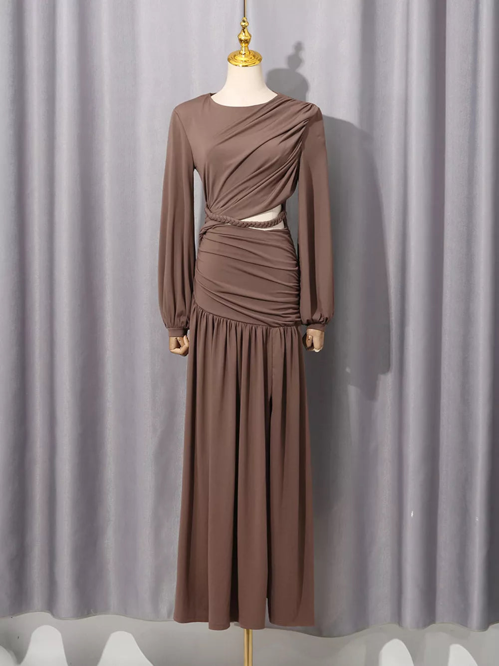 Ruched Long-sleeve Maxi Dress With Cutout in Brown, side view