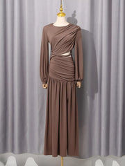 Ruched Long-sleeve Maxi Dress With Cutout in Brown, side view