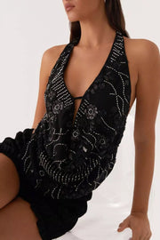 Bead-embellished Backless Halter Tank
