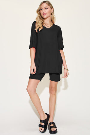 Black bamboo v-neck tee and biker short loungewear set