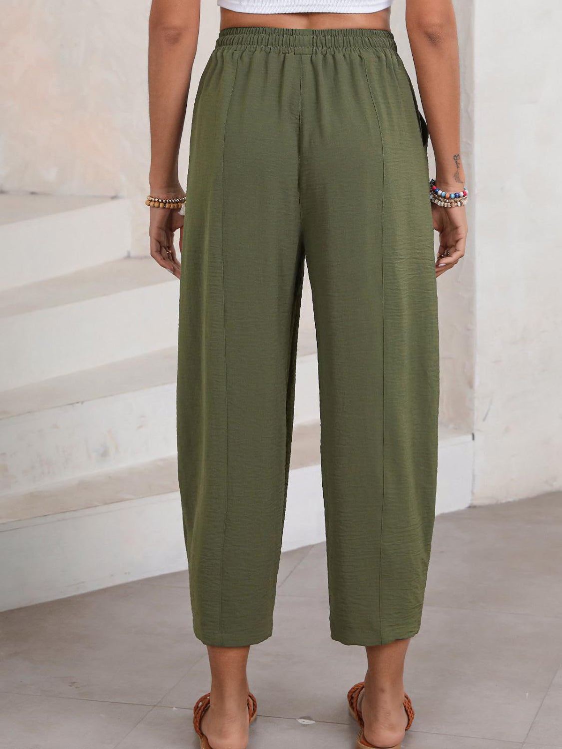 Textured seamed balloon crop trousers in Army Green with elastic waist