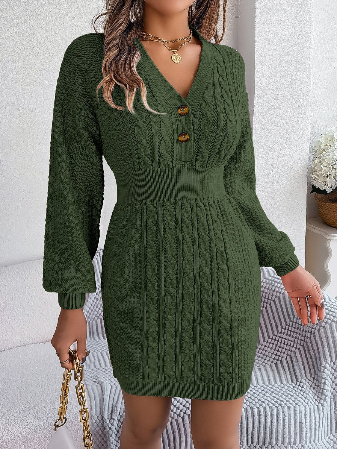 Army green cable knit button-front dress with V-neck and long sleeves