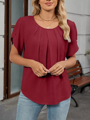 Wine red pleated short sleeve polyester blouse with round neckline.