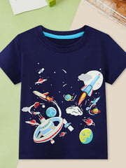 Navy crew neck t-shirt with a space adventure graphic featuring rockets, planets, and a space station.