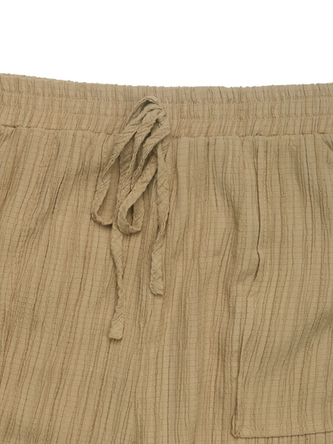 Tan textured drawstring waist relaxed trousers with elastic waistband