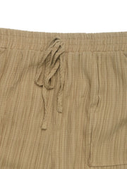 Tan textured drawstring waist relaxed trousers with elastic waistband
