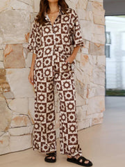 Brown checkerboard sunburst co-ord set with buttoned shirt and wide-leg pants.
